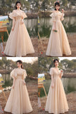 Cute Tulle Long A-Line Prom Dresses, Champagne Lace-Up Party Dresses HZ0429