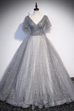 Grey V-Neck Tulle Long Prom Dresses, A-Line Evening Dresses HZ0429