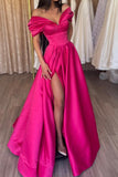 A-Line Satin Spalit Long Prom Dress, Off the Shoulder Evening Dress HZ0429
