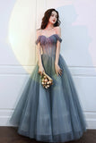 Gray Tulle Long A-Line Prom Dress, Off the Shoulder Formal Evening Dress HZ0429