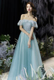 A-Line Tulle Long Prom Dress, Off the Shoulder Evening Dress HZ0429