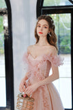 Sweet Pink Tulle Long Prom Dress, A-Line Off the Shoulder Evening Dress HZ0429