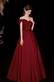 Burgundy Satin Long Prom Dresses, A-Line Off the Shoulder Formal Dresses HZ0429