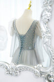 Cute V-Neck Tulle Beaded Long Prom Dress, Gray A-Line Evening Party Dress HZ0429