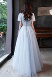 Blue Tulle Long  A-Line Formal Dresses, Shiny V-Neck Evening Dresses HZ0429