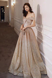 Gold Sequins Long Prom Dress, A-Line Off the Shoulder Evening Dress HZ0429