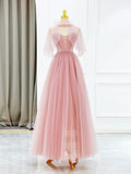 Pink Tulle Long Prom Dress with Beaded, Lovely A-Line Evening Dress HZ0429