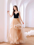 Black Velvet and Champagne Tiered Ruffles Long Prom Dress HZ0429