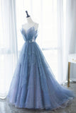 Blue Tulle Long A-Line Prom Dresses, Blue Evening Dresses with Beaded HZ0429