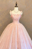 Princess Pink Tulle Ball Gown with 3D Flower Appliques for Sweet 16 HZ0429