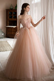 Pink Lovely Tulle Lace Long Prom Dress, Off the Shoulder Evening Dress HZ0429