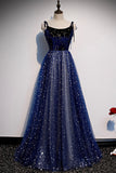 Blue Tulle Long A-Line Prom Dresses, Blue Evening Party Dresses HZ0429