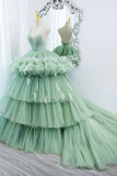 Green V-Neck Layers Tulle Long Ball Gown, A-Line Formal Gown HZ0429