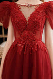Burgundy Tulle Sequins Long Prom Dress, A-Line Evening Party Dress HZ0429