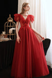 Burgundy Tulle Sequins Long Prom Dress, A-Line Evening Party Dress HZ0429