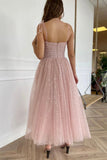 Pink Spaghetti Strap Tulle Tea Length Prom Dress, Pink A-Line Homecoming Dress HZ0429