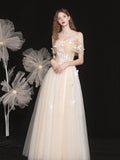 Champagne Lace Off the Shoulder Prom Dress, A-Line Evening Party Dress HZ0429
