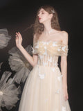 Champagne Lace Off the Shoulder Prom Dress, A-Line Evening Party Dress HZ0429