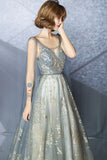 Gray Tulle Sequins Long Prom Dresses, A-Line Evening Party Dresses HZ0429
