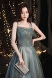 Green Tulle Beaded Long Prom Dress, Green A-Line Evening Dress HZ0429