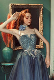 Gray Blue Lace Long Prom Dress, A-Line Evening Party Dress HZ0429