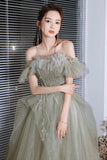 Green Tulle Beaded Long Prom Dress, A-Line Formal Evening Dress HZ0429