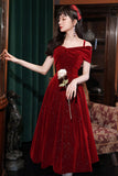 Burgundy Velvet Off the Shoulder Prom Dress, A-Line Party Dress HZ0429