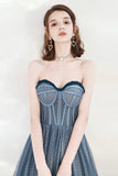 Blue Tulle Strapless Long Prom Dresses, A-Line Formal Evening Dresses HZ0429