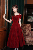 Burgundy Velvet Off the Shoulder Prom Dress, A-Line Party Dress HZ0429
