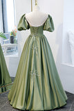 Green Satin A-Line Long Formal Dress, Green Junior Prom Dress HZ0429