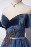 Blue Velvet Tulle Long Prom Dresses, Off the Shoulder Evening Dresses HZ0429
