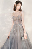 Gray Tulle Beading Long Prom Dresses, A-Line Scoop Neckline Evening Dresses HZ0429