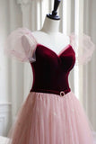 Burgundy Velvet and Pink Tulle Long A-Line Prom Dress, Lovely Party Dress HZ0429