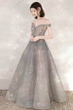 Cute Tulle Sequins Long Prom Dresses, Off the Shoulder Evening Dresses HZ0429