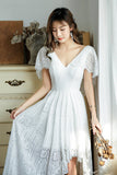 White V-Neck Lace High Low Prom Dress, White Evening Dress HZ0429
