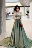Green A-Line Backless Long Prom Dresses, Evening Dresses HZ0429