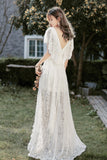 White V-Neck Lace High Low Prom Dress, White Evening Dress HZ0429