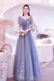 Blue Tulle Beading Long A-Line Prom Dresses, Blue Long Sleeve Evening Dresses HZ0429