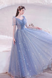 Blue Tulle Beading Long A-Line Prom Dresses, Blue Long Sleeve Evening Dresses HZ0429