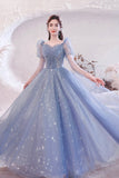 Blue Tulle Beading Long A-Line Prom Dresses, Blue Long Sleeve Evening Dresses HZ0429