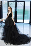 Black Tulle Lace Long Prom Dress, A-Line Evening Dress HZ0429