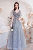 Gray V-Neck Tulle Sequins Long Prom Dresses, A-Line Evening Dresses HZ0429