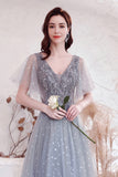 Gray V-Neck Tulle Sequins Long Prom Dresses, A-Line Evening Dresses HZ0429