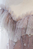 Pink Tulle Beaded Long Formal Dress, Pink V-Neck Prom Dress HZ0429