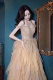 Spaghetti Strap Tulle Sequins Long Evening Dress, A-Line Graduation Dress HZ0429