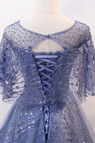 Blue Tulle Sequins Long Prom Dress, A-Line Blue Evening Dress HZ0429