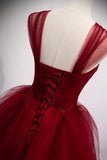 Burgundy Tulle Long A-Line Prom Dress, Burgundy Evening Party Dress HZ0429