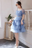 Blue Tulle Short A-Line Prom Dresses, Blue Mini Party Dresses HZ0429