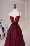 Burgundy Tulle Beaded Long Prom Dress, A-Line Spaghetti Strap Evening Dress HZ0429