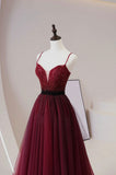 Burgundy Tulle Beaded Long Prom Dress, A-Line Spaghetti Strap Evening Dress HZ0429